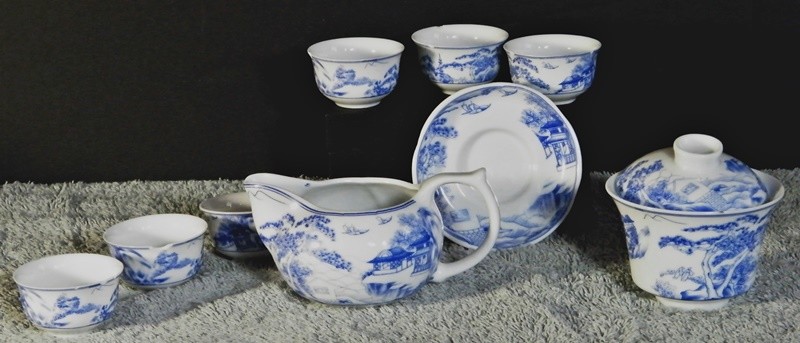 Blue Willow Style Japanese Tea Set in Fine Thin China